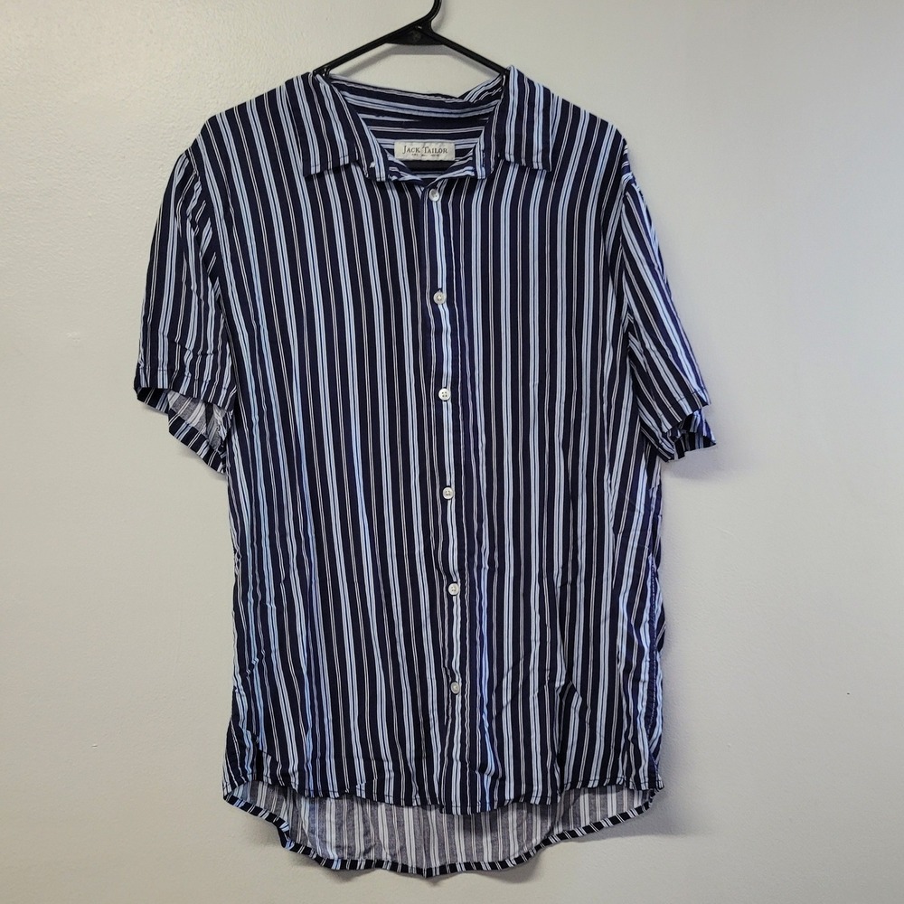 Jack Tailor Mens Large Blue White Vertical Striped Short Sleeve Button Up Shirt
